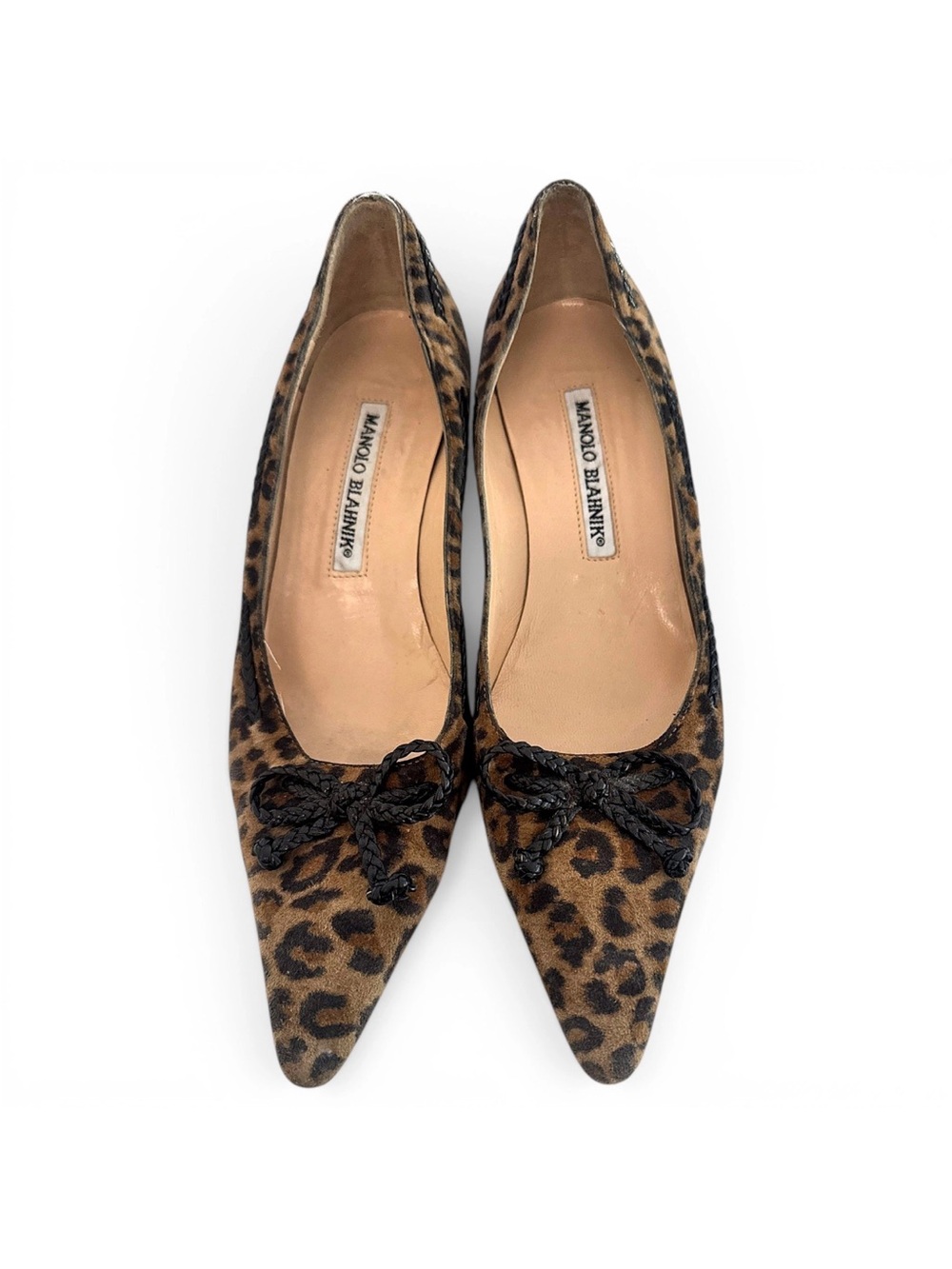 Manolo Blahnik Leopard-Print Pointed Toe heels with Braided Bow - Brown & Black